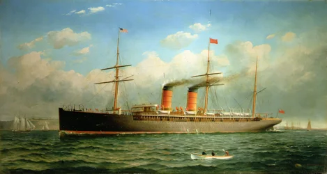 The Cunard Liner R.M.S. Umbria off Brooklyn Heights, on the East River, New York