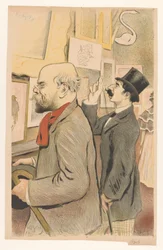 Verlaine and an unknown man looking at prints