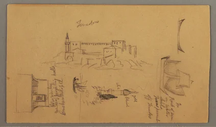 Drawing, Castle, Minaret, Sailboats, House, May 1868