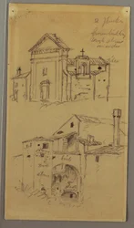Drawing, Church, Building, Covered Bridge, possibly 1868–69
