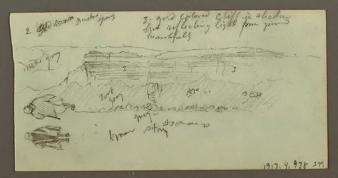 Figure Riding Camel, Figure Walking, Hillside, and Hilltop, possibly 1868