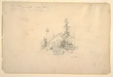 Log cabin surrounded by trees, July 1844