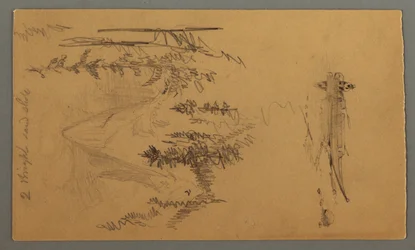 Man in a boat, Rocky Peak over Pines, possibly 1868