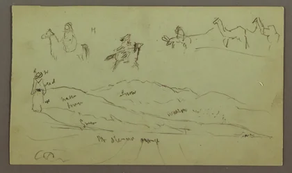 Studies of Figures on Donkeys and Donkeys, Figure on Hill Range, possibly 1868