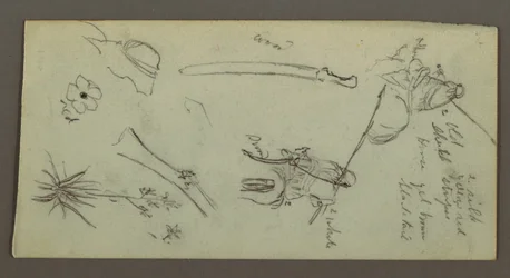 Two Figures Riding Horses, Carrying Spears, Sword, Lower Part of A Gun, etc., possibly 1868