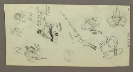 Two Figures Riding Horses, Carrying Spears, Sword, Lower Part of A Gun, etc., possibly 1868