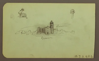 Hills, Church, Bridge; Figure, Cross, Church, 1883