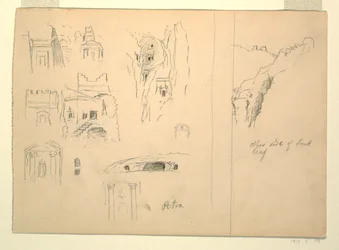 Ten Studies of Tombs and a View of Rocks, Petra, Jordan