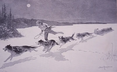 French Fur Trapper in Canada with Huskie Dogs on Frozen Lake