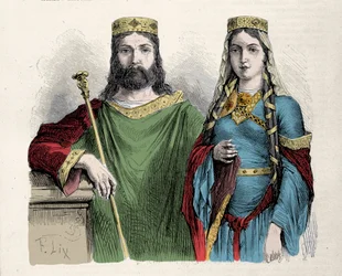 Clovis (481-511) king of the Franks with his second wife Saint Clotilde (Clothilde) queen. Engraving by Lix.
