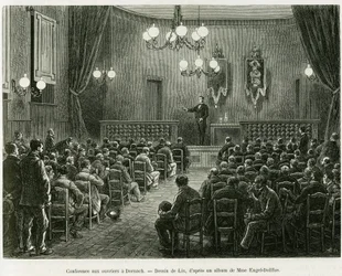Conference to the workers of the Dollfus Mieg workshops, in Dornach. Engraving by Lix to illustrate the story 