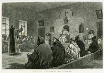 Meeting of the chapter among the Trappists of Oelenberg. Engraving by Lix to illustrate the story 