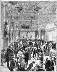 Inauguration of the Hotel de Ville de Paris on 14 July 1882, rebuilt after the fire of 1871: view of the City Council room at the arrival of President Jules Grevy (1807-1891)
