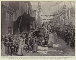 The Queen of Holland and Prince Henry, in the State Carriage, arriving at the Groote Kerke
