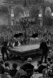 The grand international billiard match between Mr. Slosson, American champion, and Mr. Vignaux, French champion, in the Zodiaque room at the Grand Hôtel de Paris