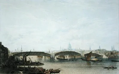 A View of the Southwark Bridge as it appeared in May 1818, engraved by W. Bennett after a drawing of the original by W.H. Timms