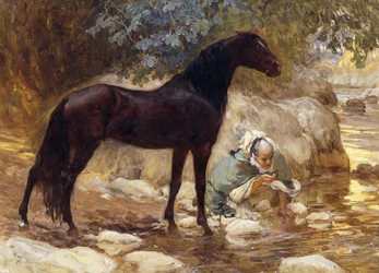 An Arab Watering His Horse by a River