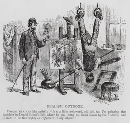 Artist painting Daniel Boone captured by Native Americans and hung upside down