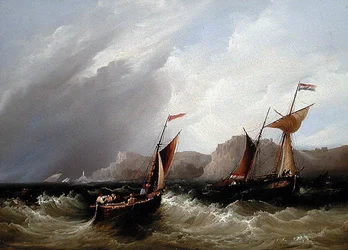 Vessels off a Rocky Coastline