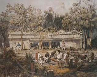 The archaeologists Frederick Catherwood and John Lloyd Stephens measuring the temple of Tulum, Yucatan, Mexico, illustration from 