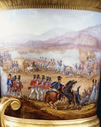 Detail from a Berlin gold-ground slender campana vase and plinth of Wellington Service type, dated 1817, painted with a scene of the Battle of Vittoria, 1817