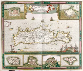 Map of the Island of Crete, with Views of the Fortified Towns La Cane and Heraklion and the Fortresses of Spinalonga, Retino, Thine and Souda