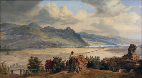 View of the Siebengebirge with Königswinter and the Ruins