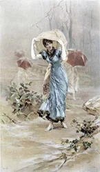 Woman protecting herself from the rain - allegory of early autumn, calendar illustrated by Hubert Dys, painted by F.H. Kaemmerer