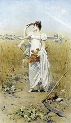 Woman with wheat and poppies - late summer allegory, calendar illustrated by Hubert Dys, painted by F.H. Kaemmerer