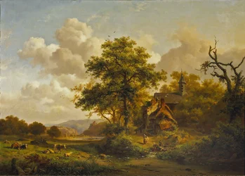 A Tranquil Landscape with Women Washing by a Stream and Cattle and Sheep Resting
