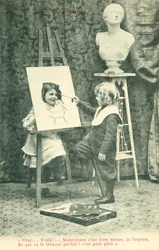 Children painting, girl with head through canvas