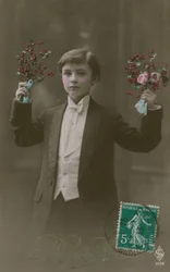 Postcard of a boy in white tie and tails holding flowers and berries, sent in 1913