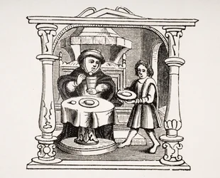 A Burgess Eating his Meal, after an illustration in a 16th century manuscript, from Le Moyen Age et La Renaissance by Paul Lacroix (1806-84) published 1847