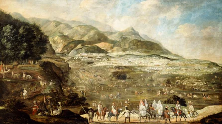 A Moroccan Military Encampment with Veiled Ladies on Donkeys in the Foreground