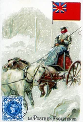 A Postman in England delivering mail in winter, late 19th century