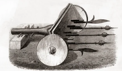 A Ribauldequin, Infernal Machine or Organ Gun, Armed with Small Cannon and Pikes, from Les Merveilles de la Science, Published c.1870