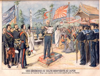 A Shinto ceremony in Japan. Admiral Togo addressing the spirits of Japanese heroes killed in the Russo-Japanese War. Illustration for Le Petit Journal