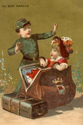 A Surprise in the Luggage, from a series of illustrations of children, produced as promotional cards for the Bon Marché Department Store in Paris, c.1890