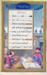 Victorian calendar sheet for February with an illustration from the Book of Hours of Anne de Bretagne