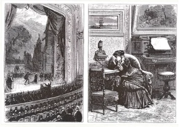 A Woman listening to an opera performance in her own home by means of the Ader-Bell telephone and Ader