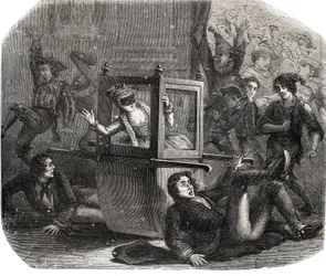 A band of jokers keeps Marie-Therese Le Vasseur (1721-1801), a costume for the Carnival, from advancing in her wheelchair. She
