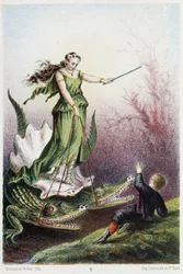 A Boy in Front of a Woman Mounted on a Tank Driven by Two Crocodiles - in Journey to the Bottom of the Sea by H. de la Blanchère