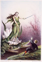 A Boy in Front of a Woman Mounted on a Tank Driven by 2 Crocodiles - in 