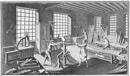 A cabinet makers workshop, from the Encyclopedie des Sciences et Metiers by Denis Diderot published c.1770