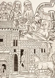 A dying sinner surrounded by his family and two devils whisper in his ear, page from the 15th century text Ars Moriendi or The Art of Dying, from Les Artes au Moyen Age, published 1873