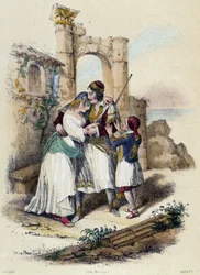A family surrounded by ruins; illustration for Greece in “The Twelve Nations” by M. E. Fouinet