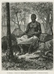 A Feticheur, Sorcerer Able to Use the Magic Force of Fetiches, Drawing by D. Maillart, to Illustrate the Story of a Trip to Gabon and the Ogoue River, in 1875-1877, by Alfred Marche. Engraving in Le Tour du Monde