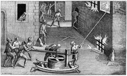 A fire pump at the beginning of the 17th century, after Solomon de Caux (Solomon de Caus)