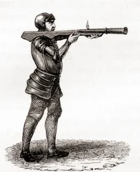 A foot soldier using a hand held bombard, late 14th and 15th centuries, after a 19th century drawing, from Les Merveilles de la Science, published c.1870 (engraving)