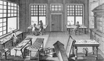 A furniture inlayers workshop, from the Encyclopedie des Sciences et Metiers by Denis Diderot published c.1770